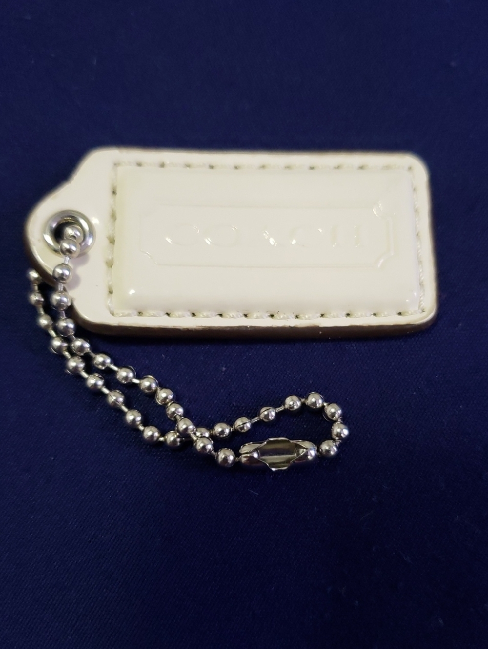 Coach White Patent Leather Tag Keychain with Silver Ball Chain